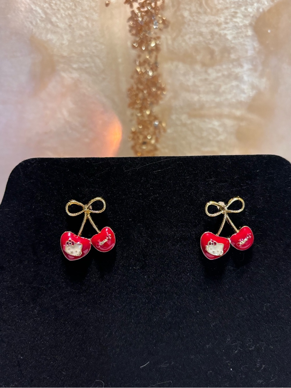 Gold Cherry Design Hello Kitty Stud Earrings